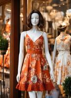 AI generated Fashionable evening orange summer dress on a mannequin. ai generative. ai generative photo