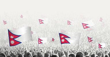 resumen multitud con bandera de Nepal. pueblos protesta, revolución, Huelga y demostración con bandera de Nepal. vector