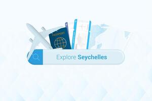 Searching tickets to Seychelles or travel destination in Seychelles. Searching bar with airplane, passport, boarding pass, tickets and map. vector