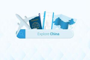 Searching tickets to China or travel destination in China. Searching bar with airplane, passport, boarding pass, tickets and map. vector