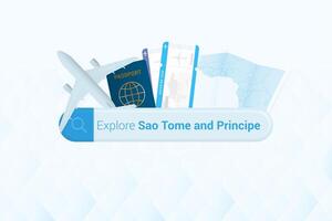 Searching tickets to Sao Tome and Principe or travel destination in Sao Tome and Principe. Searching bar with airplane, passport, boarding pass, tickets and map. vector