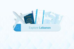 Searching tickets to Lebanon or travel destination in Lebanon. Searching bar with airplane, passport, boarding pass, tickets and map. vector