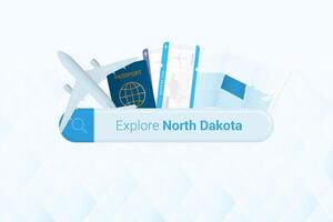 Searching tickets to North Dakota or travel destination in North Dakota. Searching bar with airplane, passport, boarding pass, tickets and map. vector