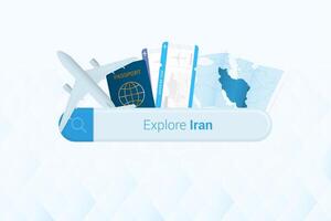 Searching tickets to Iran or travel destination in Iran. Searching bar with airplane, passport, boarding pass, tickets and map. vector