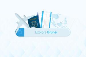 Searching tickets to Brunei or travel destination in Brunei. Searching bar with airplane, passport, boarding pass, tickets and map. vector