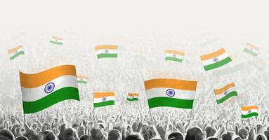 resumen multitud con bandera de India. pueblos protesta, revolución, Huelga y demostración con bandera de India. vector