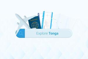 Searching tickets to Tonga or travel destination in Tonga. Searching bar with airplane, passport, boarding pass, tickets and map. vector