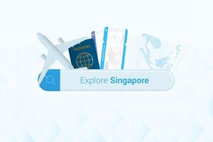 Searching tickets to Singapore or travel destination in Singapore. Searching bar with airplane, passport, boarding pass, tickets and map. vector