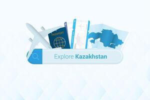 Searching tickets to Kazakhstan or travel destination in Kazakhstan. Searching bar with airplane, passport, boarding pass, tickets and map. vector