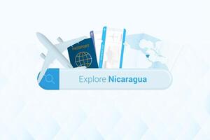 Searching tickets to Nicaragua or travel destination in Nicaragua. Searching bar with airplane, passport, boarding pass, tickets and map. vector