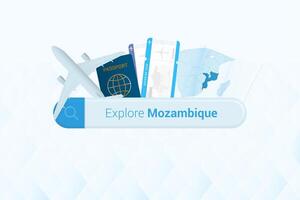 Searching tickets to Mozambique or travel destination in Mozambique. Searching bar with airplane, passport, boarding pass, tickets and map. vector