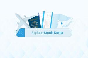 Searching tickets to South Korea or travel destination in South Korea. Searching bar with airplane, passport, boarding pass, tickets and map. vector