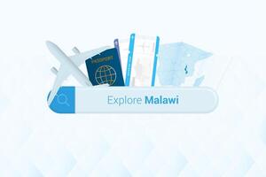 Searching tickets to Malawi or travel destination in Malawi. Searching bar with airplane, passport, boarding pass, tickets and map. vector