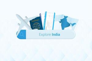 Searching tickets to India or travel destination in India. Searching bar with airplane, passport, boarding pass, tickets and map. vector