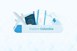 buscando Entradas a Colombia o viaje destino en Colombia. buscando bar con avión, pasaporte, embarque aprobar, Entradas y mapa. vector