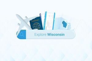 Searching tickets to Wisconsin or travel destination in Wisconsin. Searching bar with airplane, passport, boarding pass, tickets and map. vector