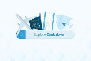 buscando Entradas a Zimbabue o viaje destino en Zimbabue. buscando bar con avión, pasaporte, embarque aprobar, Entradas y mapa. vector