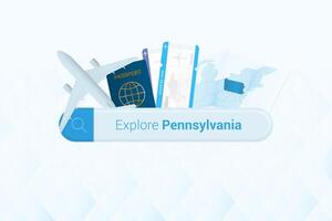 Searching tickets to Pennsylvania or travel destination in Pennsylvania. Searching bar with airplane, passport, boarding pass, tickets and map. vector