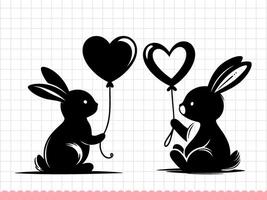 Cute bunny silhouettes with heart shaped balloon. Vector Illustration.