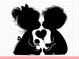 Cute baby boy and girl with heart shaped balloon. Vector illustration.