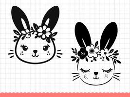 Bunny rabbit face with flowers in black and white outline. vector