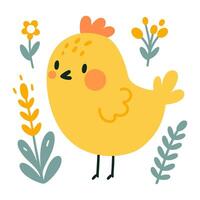 Cute easter chick with flowers . Easter vector illustration.