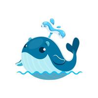 Cartoon cute kawaii whale character, sea animal vector