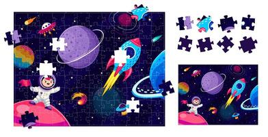 Jigsaw puzzle game pieces, cartoon galaxy space vector