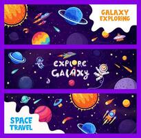 Galaxy space banners, kid astronaut and alien UFO vector