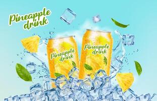 Ice pineapple drink can, fruit and tea leaves vector