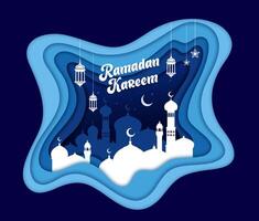 Ramadán kareem papel cortar bandera con Arábica ciudad vector