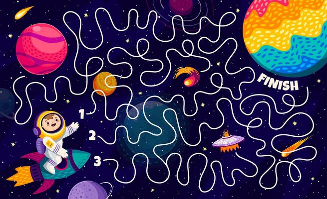Kids galaxy space labyrinth game with astronaut