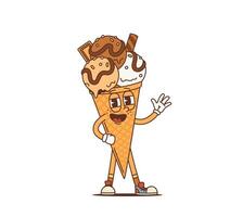 Cartoon ice cream cone groovy character. Isolated vector psychedelic summer dessert personage. Funny positive waffle cone wearing wide funky smile, exuding chill vibes and retro nostalgic charm