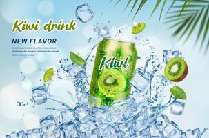 Kiwi drink can, ice cubes, splash and palm leaves vector