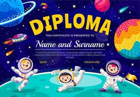 Kids diploma, child astronauts on planet surface vector