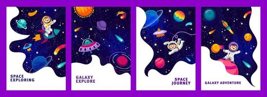 espacio carteles con niño astronautas y estrellado galaxia, extraterrestre OVNI y planetas, vector antecedentes. dibujos animados niño astronauta en espacio aventuras y galaxia exploración con astronave lanzadera Entre cielo estrellas