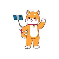dibujos animados contento shiba inu perro perrito haciendo selfie vector