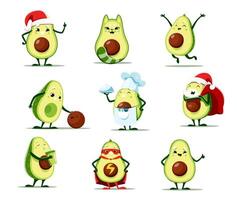 Cartoon avocado characters isolated vector set