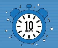 10 Minutes clock. Minute marker alarm isolated on blue background. Time counter clock vector