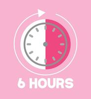 6 Hours pink clock. Time marker with clockwise arrow. Design remaining time vector