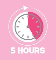 5 Hours pink clock. Time marker with clockwise arrow. Design remaining time vector