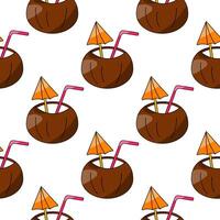 Coconut cocktail with umbrella and straw pattern vector