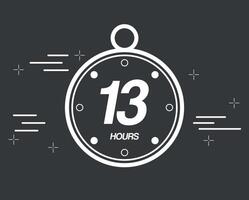 13 hours. 13 hours clock timer. Digital chronometer hour marker, vector isolated on dark background