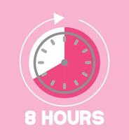 8 Hours pink clock. Time marker with clockwise arrow. Design remaining time vector