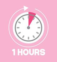 1 Hours pink clock. Time marker with clockwise arrow. Design remaining time vector