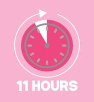 11 Hours pink clock. Time marker with clockwise arrow. Design remaining time vector