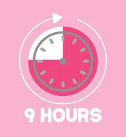 9 Hours pink clock. Time marker with clockwise arrow. Design remaining time vector