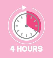 4 Hours pink clock. Time marker with clockwise arrow. Design remaining time vector