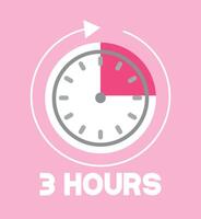 3 Hours pink clock. Time marker with clockwise arrow. Design remaining time vector