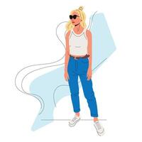 Young fashionable girl in jeans and sunglasses. Vector isolated flat illustration of a beautiful woman standing at full length.